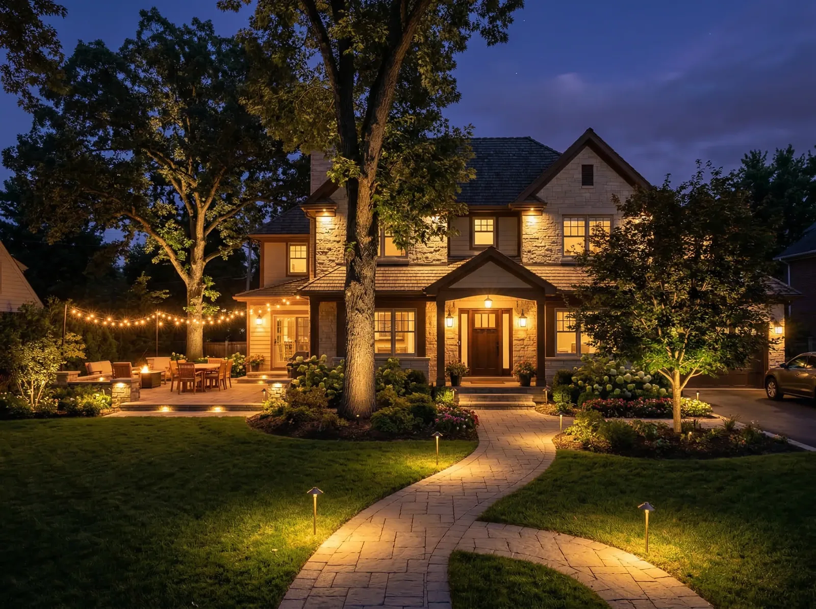 Close-up of lighting on a Landscape Hardscape Creations build