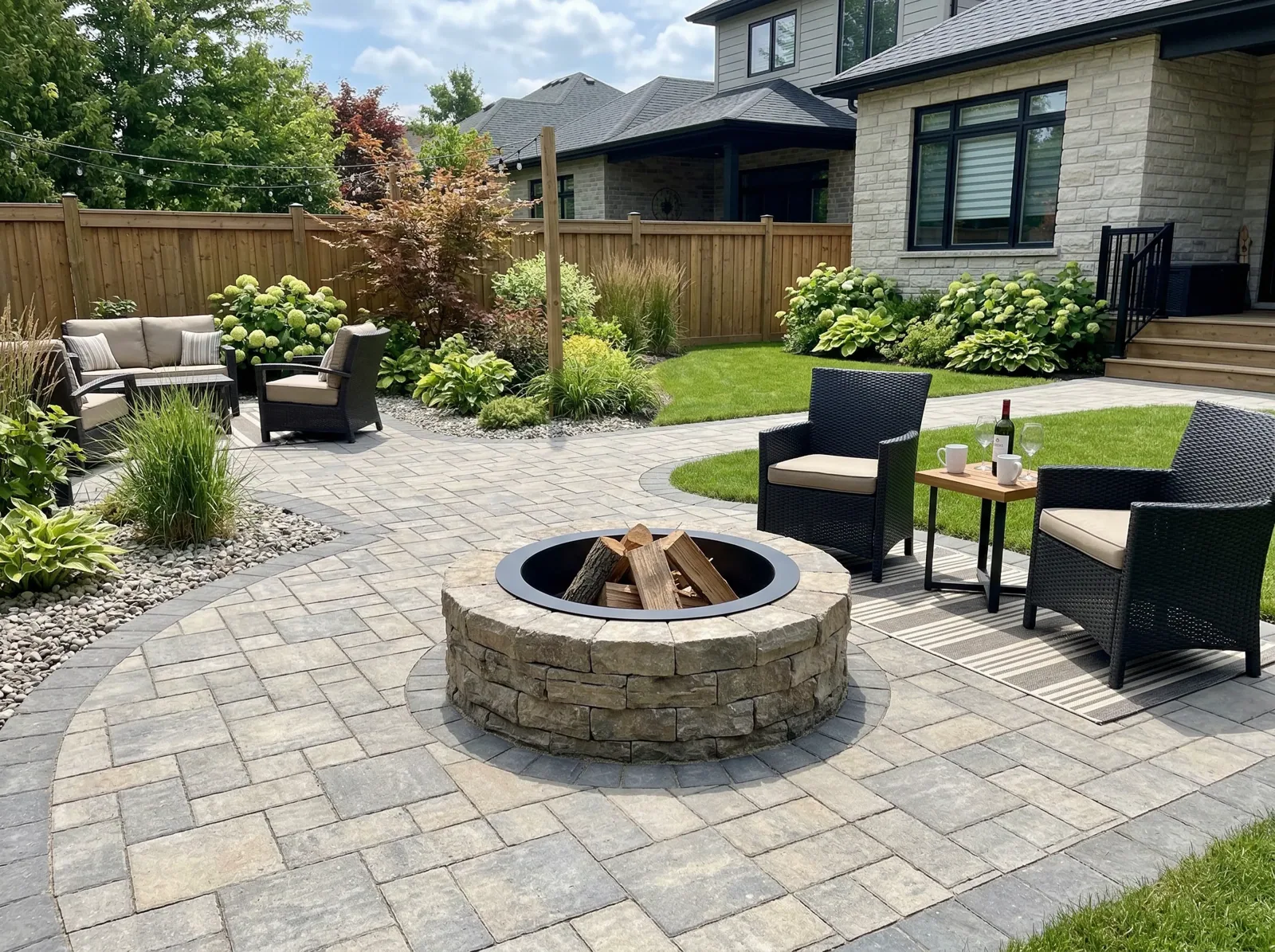 Charcoal paver patio with seat wall